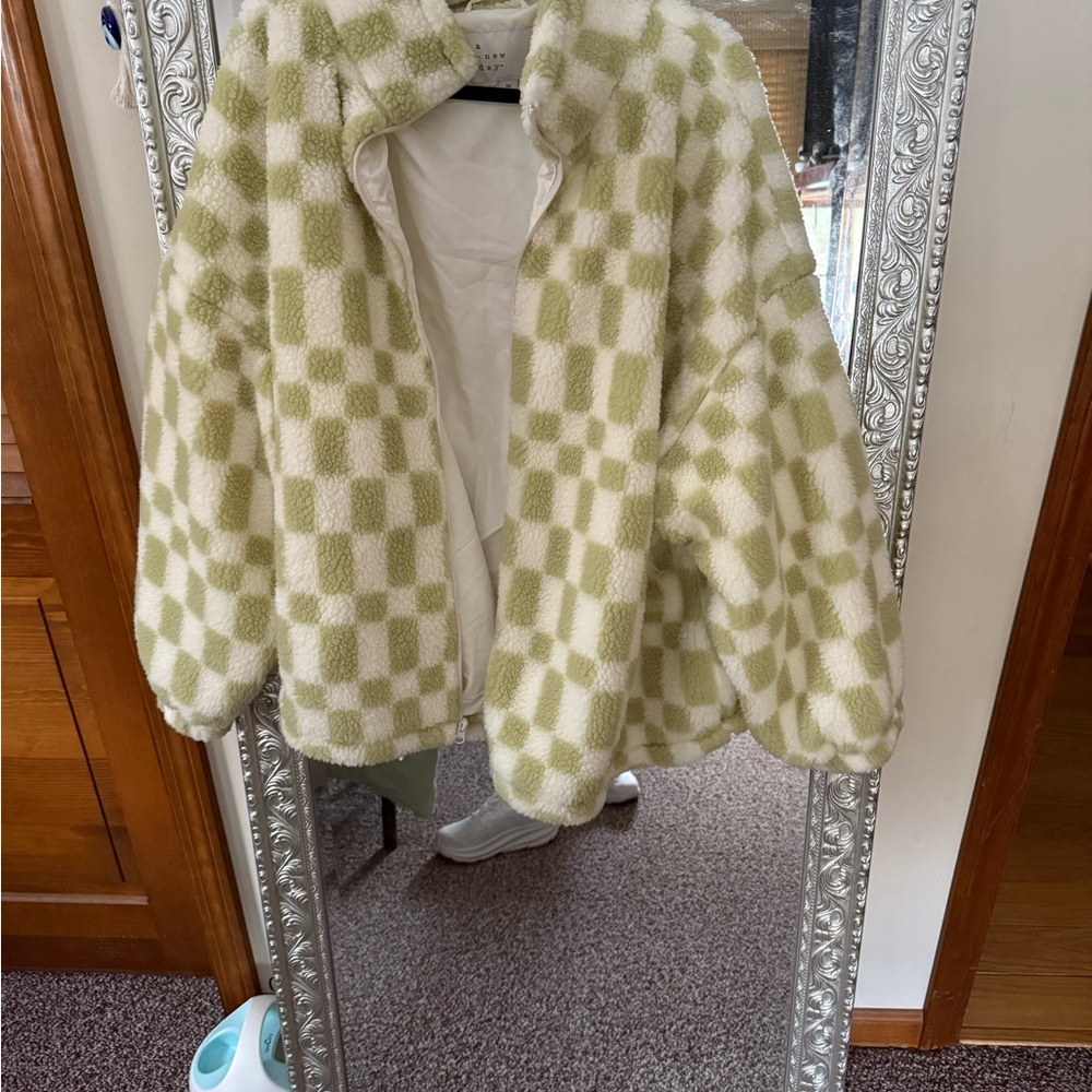 Checkered Faux Fur Jacket in Green and White